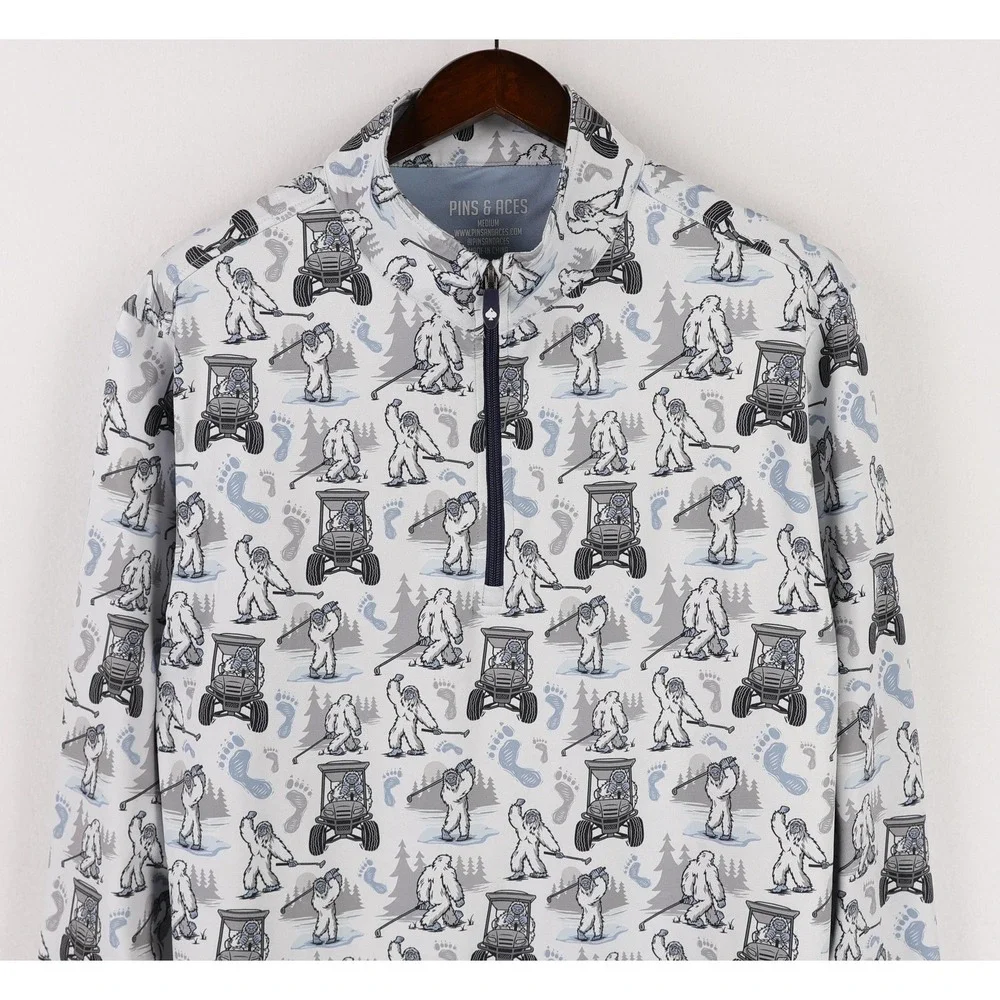 Pins &‎ Aces 1/4 Zip Pullover Shirt Mens Medium White Yeti Sasquatch Golf